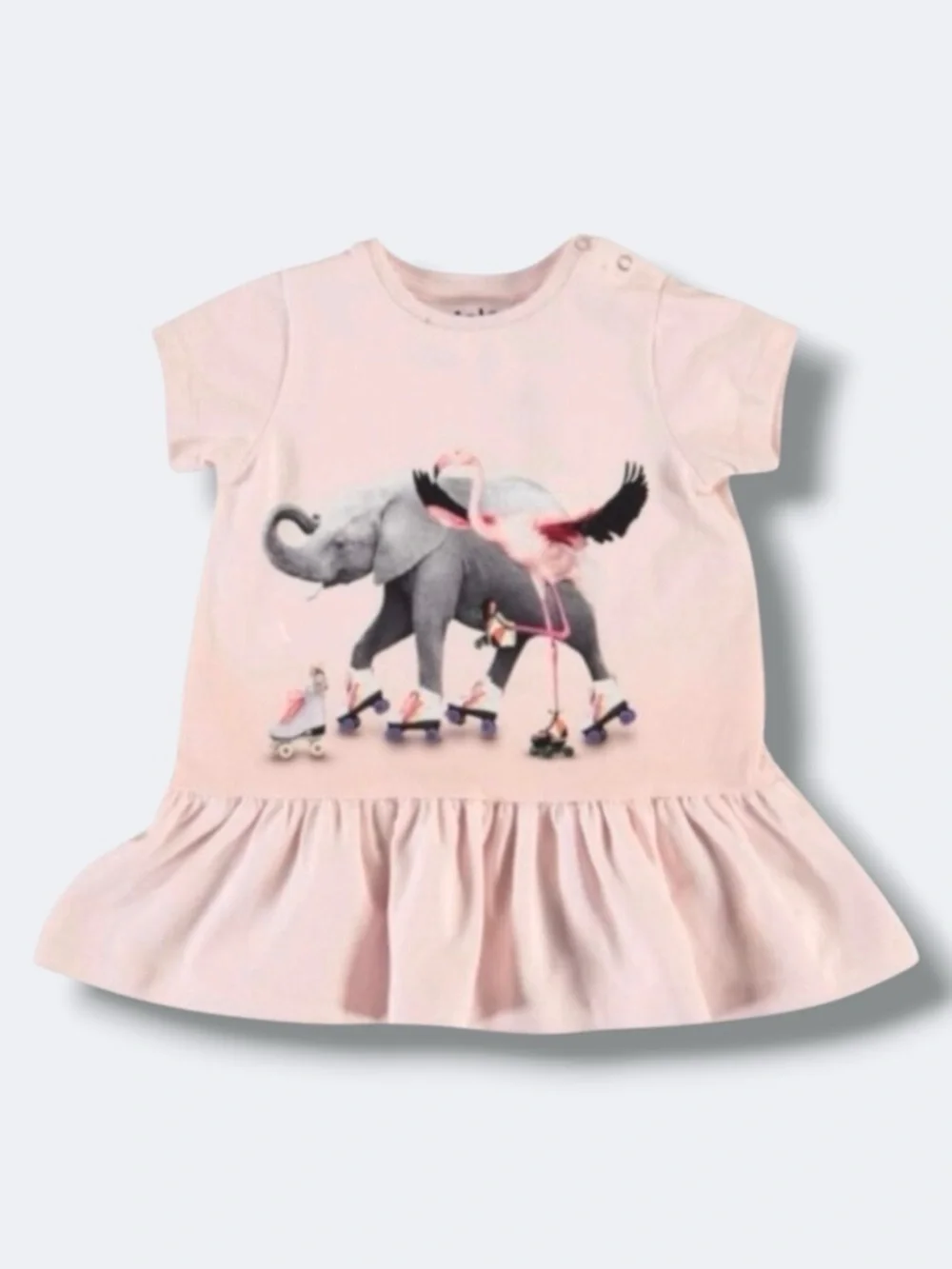 Molo Dress Baby Girls 6M Pink Rolling Friends Graphic Ruffle Hem Organic Cotton